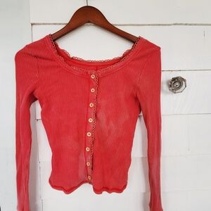 SHEIN Coral-Red Ribbed Button-Up Long Sleeve Top